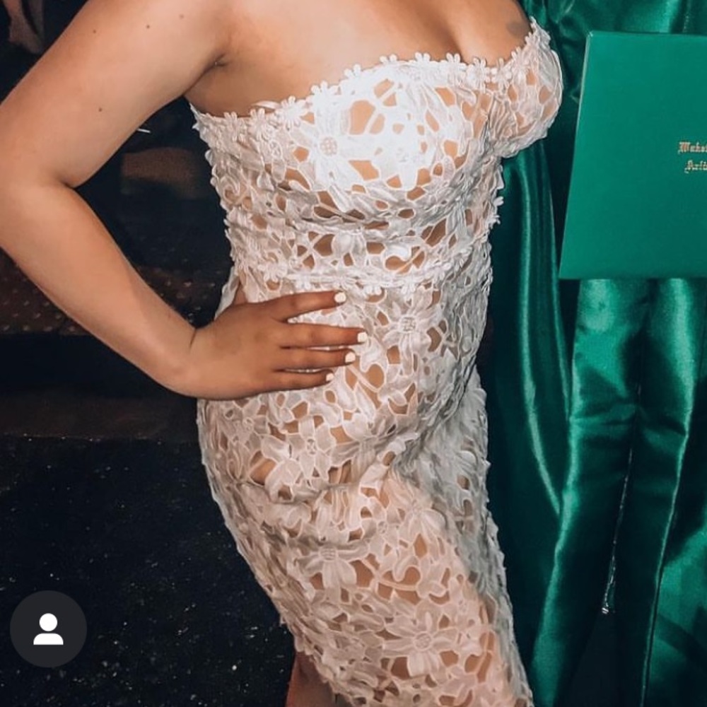 White Floral Lace whth Nude Lining Strapless Bodycon Midi Dress